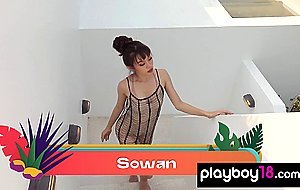 Petite small titted asian teen Sowan stripping and relaxing in the pool