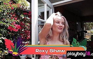 Naked petite blondie Roxy Shaw watering the flowers and herself outdoor