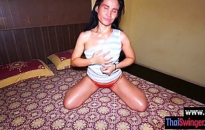 Amateur Thai slut sucking big white dick before her pussy got fucked hard
