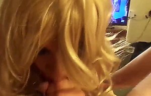 Trashy blonde crossdresser sucks two cocks