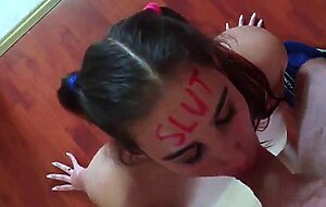 Slut with lipstick writing sucking cock and gets face fucked