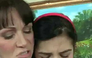 Brunette milf and teen girl sucking cock in threesome