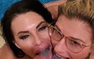 Fucking 2 milf sluts in the bathroom during a porn party and cum on their faces - cory chase and