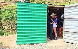 Sexy milf is caught stealing on a farm. the thief gets fucked outdoors by a farm owner who
