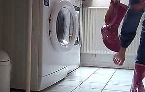 Teen girl pees jeans in rubber boots and plays