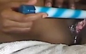 Black wife uses toy to make wet pussy then gets fucked