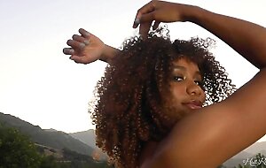 Ebony babe Jenna Foxx shows off her nude body and full bush