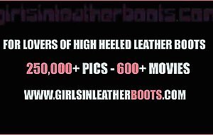 Busty blonde in latex corset nylons sexy leather boots fingering wet pussy
