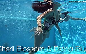 Sexy babes with big tits swim underwater in the pool
