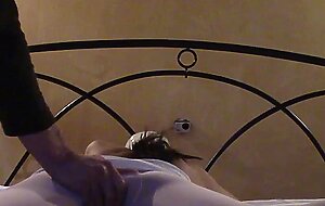 She's tied on a bed on heels and pantyhose, throated and fucked really hard