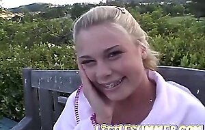 Petite blonde solo teen fingers her pussy