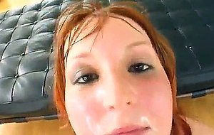 Cute redhead does blowbang with five guys
