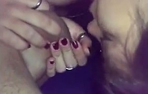 Brunette Asian babe loving her mans dick with her lips 
