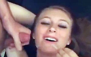 Two guys fuck and cum on blondes face in a threesome
