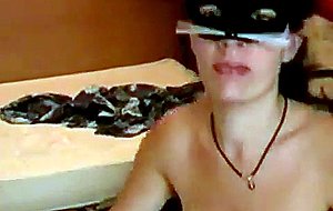 Masked brunette amateur housewife blows my dick on webcam
