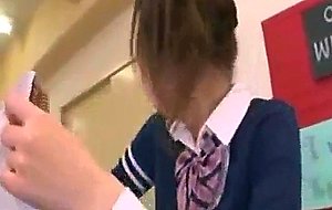 Naughty japan teen schoolgirl gives handjob in hallway