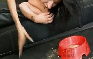 Sloppy chick gets gooey slobbering on two dongs