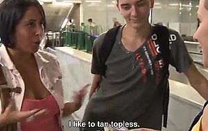 Brunette big tits girl sucks dick front of her bf