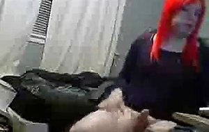 Wigged crossdresser jerks and cums