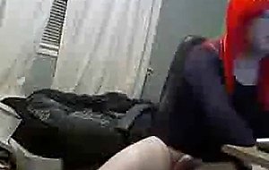 Wigged crossdresser jerks and cums