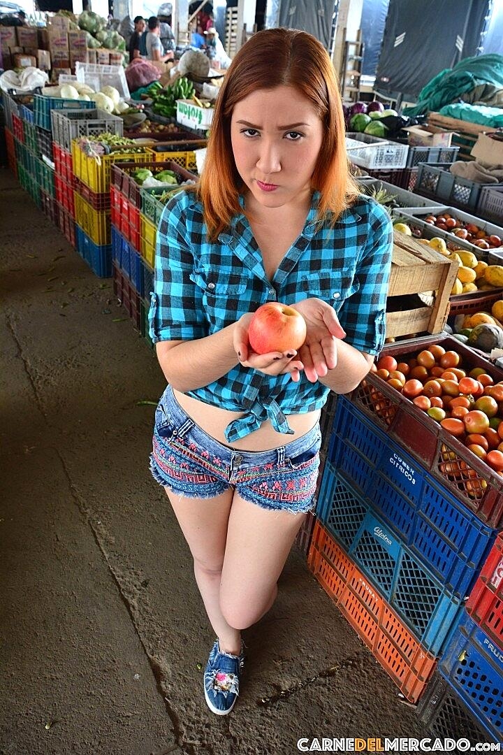 Girl in a plaid blue shirt takes us to a local market for a fruit shopping, Catalina Colorado