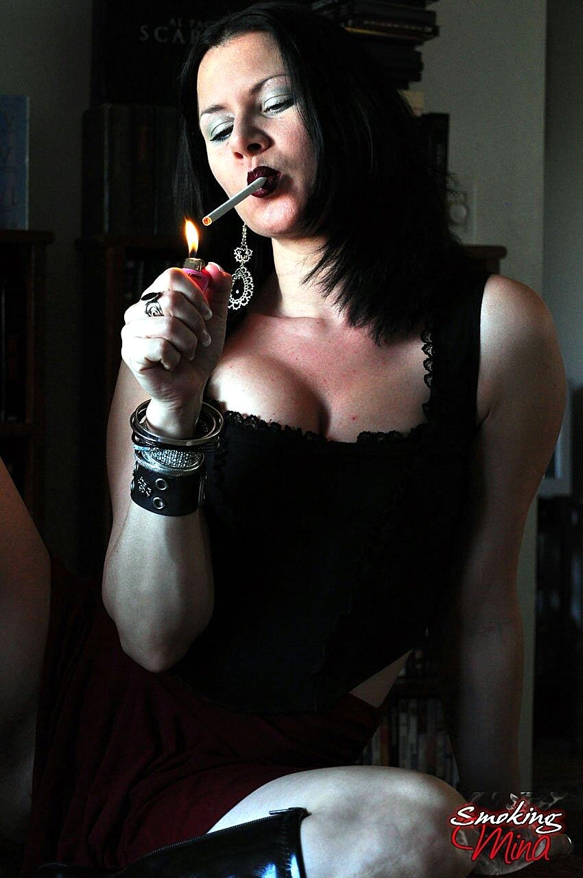 Solo Model Mina Pets Her Shaved Vagina While Smoking A Cigarette Boots, Fetish, Milf, Nipples, Smoking