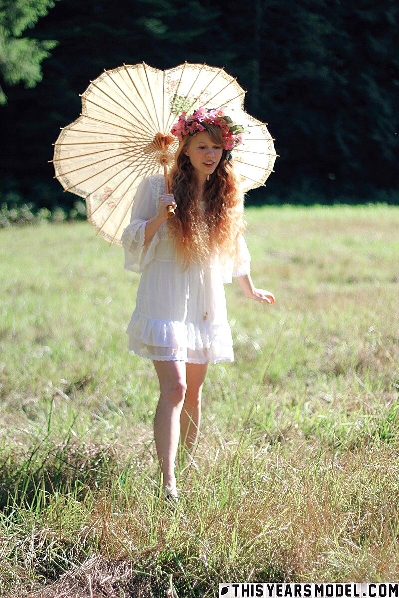 Charming Redheaded Teen Dolly Little Holds A Parasol While Getting Naked Cute, Outdoor, Redhead, Shaved