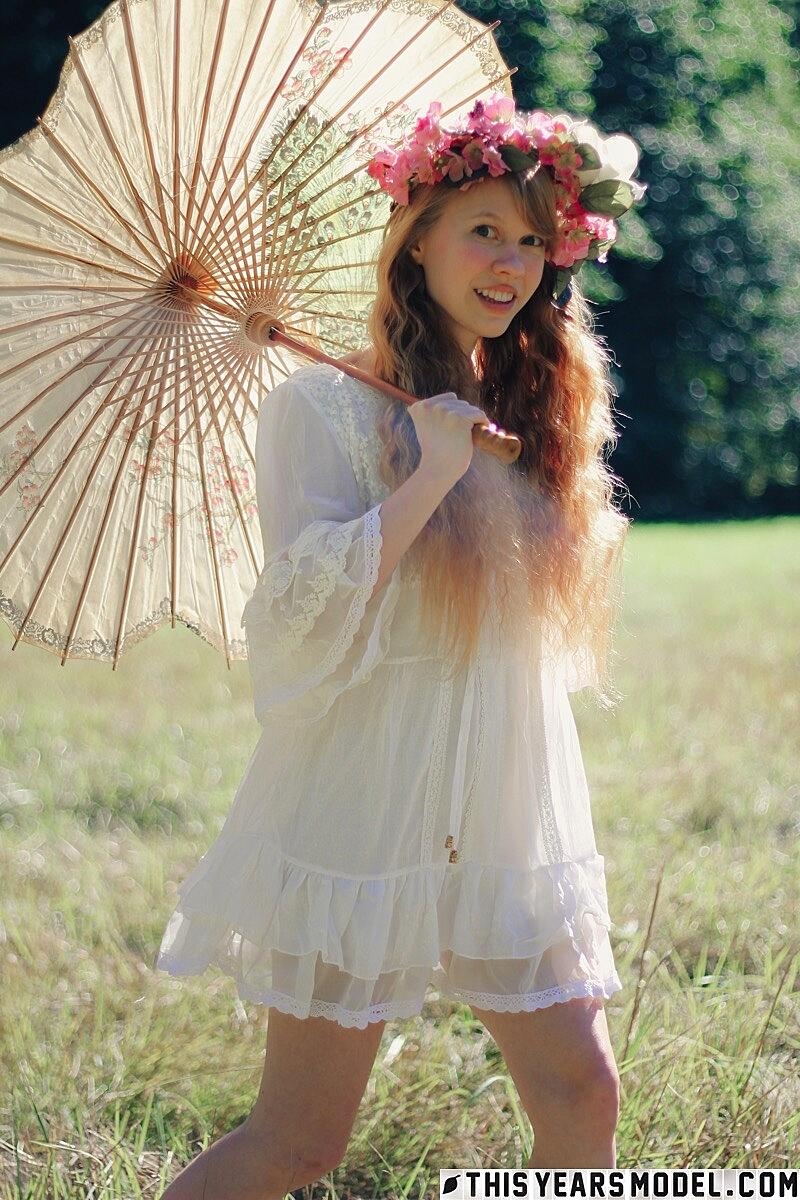 Charming Redheaded Teen Dolly Little Holds A Parasol While Getting Naked Cute, Outdoor, Redhead, Shaved