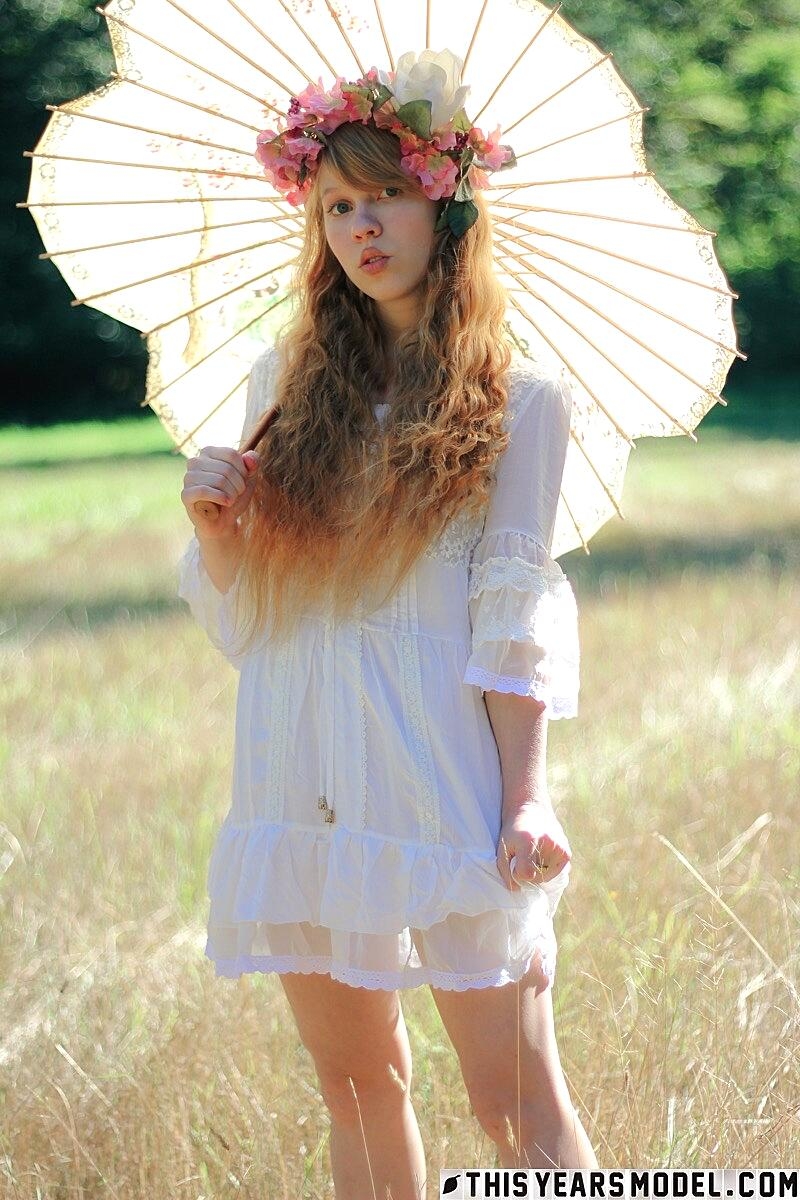 Charming Redheaded Teen Dolly Little Holds A Parasol While Getting Naked Cute, Outdoor, Redhead, Shaved