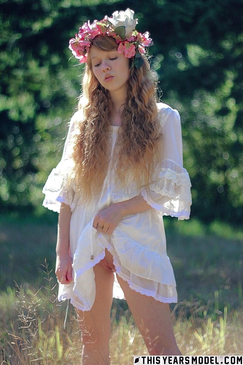 Charming Redheaded Teen Dolly Little Holds A Parasol While Getting Naked Cute, Outdoor, Redhead, Shaved