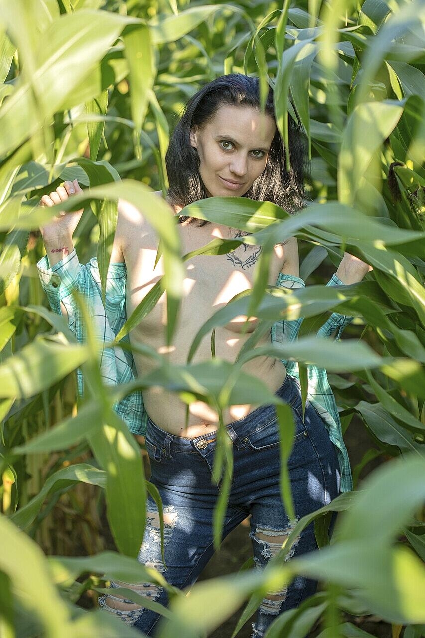 Attractive brunette model Brittany strips in nature and shows her tiny tits