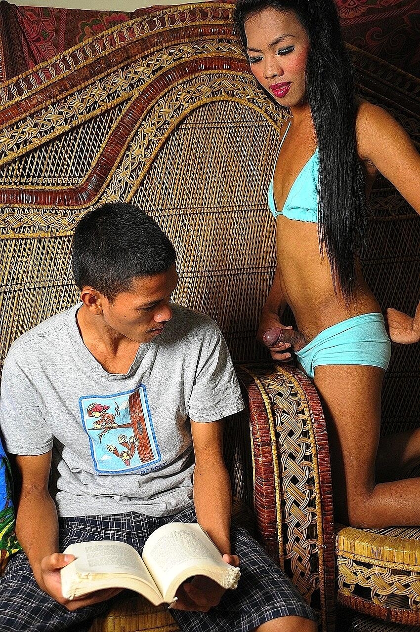 Dark haired shemale Estong Ramos eats a long dick before getting banged