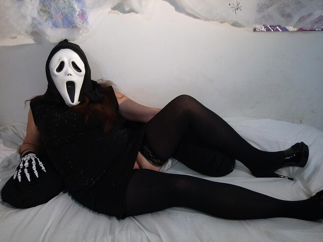 Naughty chubby babe CuteDebby flashes her trimmed pussy on Halloween