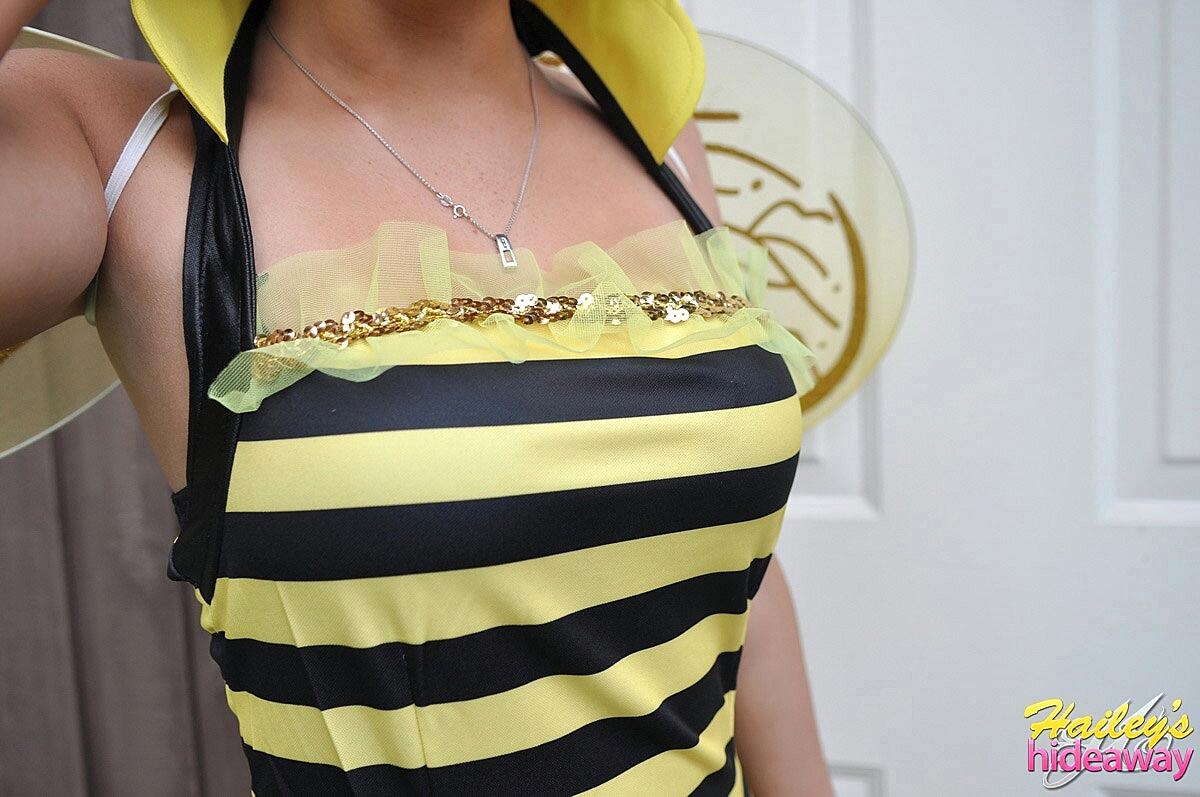 Sexy young amateur Hailey strips her bumble bee costume to show her small ass, Hailey Leigh